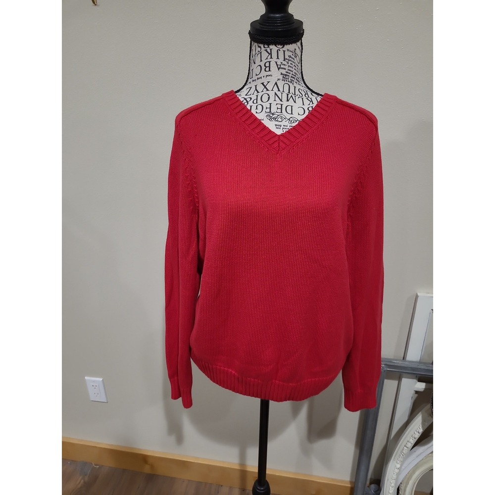 Lands' End Red V-Neck Sweater classic Women SZ L preppy casual academic school